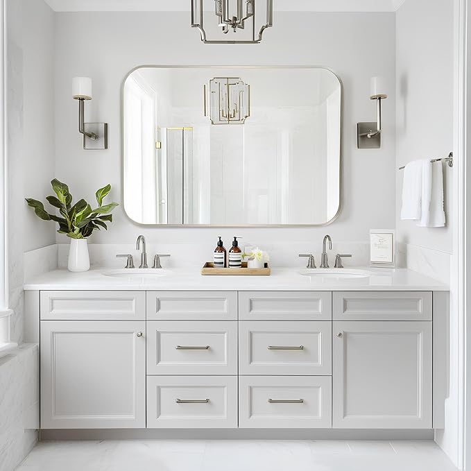 MZON 22x30Inch Brushed Nickel Bathroom Mirror, Rectangle Wall Mounted Mirror for Bathroom or Entryway, Anti-Rust Frame & Tempered Glass, Hangs Horizontally/Vertically - Farmhouse or Bathroom Decor