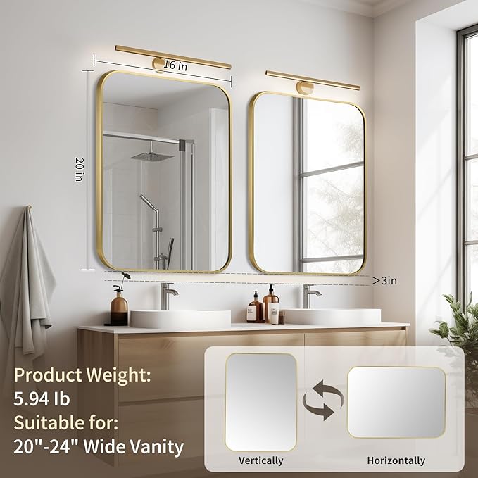 Gold Bathroom Mirror, 16x20 Inch Aluminum Frame Rectangle Mirror, Anti-Rust, Tempered Glass, Wall Mirror for Over Sink, Vanity, Bedroom, Entryway, Horizontal/Vertical