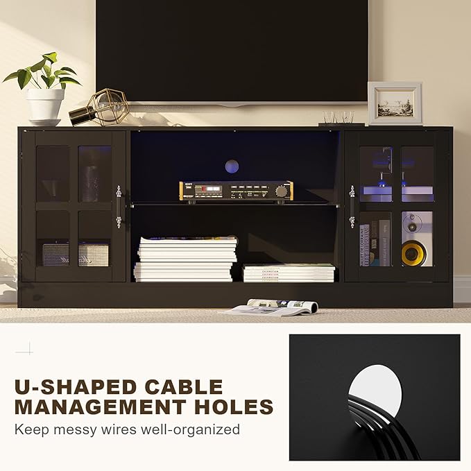 4-Piece Wall Unit TV Stand with Storage & LED Lights for TVs up to 75", Modern Entertainment Center with Bookshelves & 8-Door Pantry Cabinet, White Black