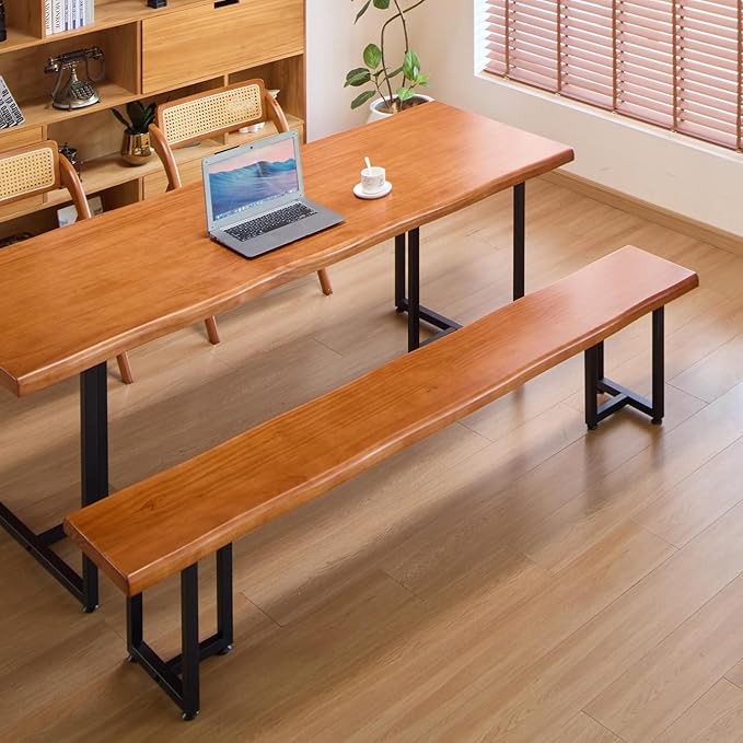 Durable Solid Wood Top Bench with Metal Triangular Legs – Stylish Long Dining Bench for Home, Office, Restaurant & Patio Chair (Wooden Brown Bench, 62.99in)