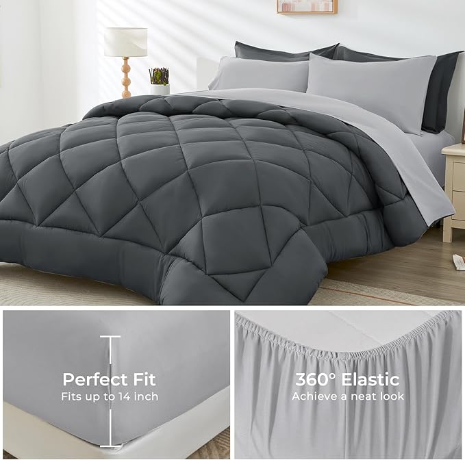 HEVUMYI 120x98 Oversized King Comforter Set - 7-Piece All Season Bed in a Bag Oversized King, Ultra Soft Bedding Set with 120 x 98 Comforter, Flat Sheet, Fitted Sheet, Pillowcases, Dark & Light Grey