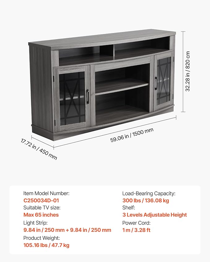 VEVOR TV Stand for TVs up to 65 inch, Farmhouse Entertainment Center with Light Strip, Wooden TV Cabinet Storage with Glass Doors and Adjustable Shelves, Console Table for Living Room, Bedroom, Gray