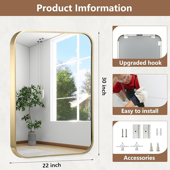 22x30 Inch Gold Bathroom Mirror, Brushed Gold Metal Framed Rectangular Mirror with Rounded Corner, Bathroom Vanity Mirror for Bedroom or Living Room, Horizontal/Vertical