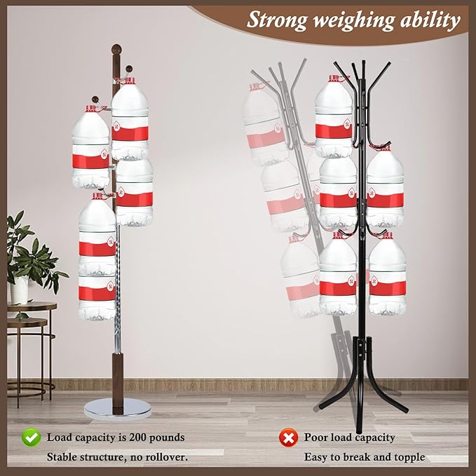 Wooden Coat Rack Freestanding, Vintage Coat Racks with Sturdy Round Base, Adjustable Height 37.40"-72.83" Entrance Coat Rack for Bedroom Living Room Entryway (Walnut Metal Hook)