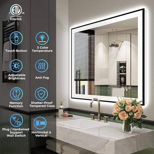 24x30 Inch LED Bathroom Mirror with Lights (Front Lit and Backlit) Black Framed Lighted Vanity Mirror for Bathroom Wall Dimmable Anti-Fog Memory Tempered Glass Horizontal/Vertical