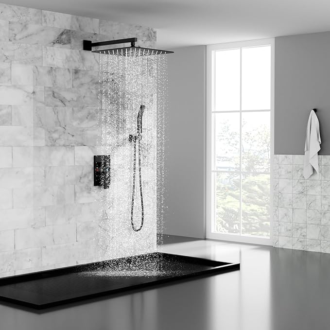 SR SUN RISE Matte Black Square Rainfall Shower Head and Handle Set, Wall Mounted Shower Fixtures, Metal Shower Faucet Trim Repair Kits (With Shower Valve) 16 Inches