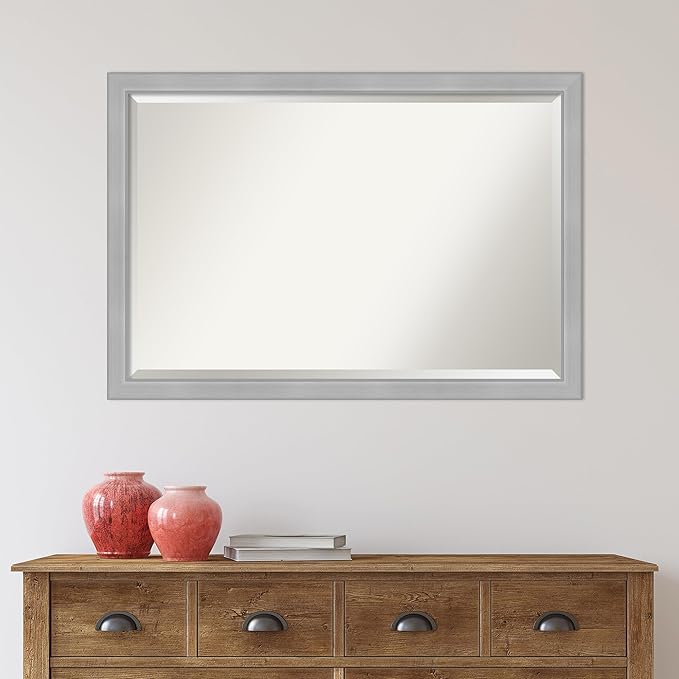 Amanti Art Silver Bathroom Mirror for Over Sink, 27x39 Vista Brushed Nickel Narrow Rectangle Vanity Mirror, Large Casual Frame, Hangs Horizonally and Vertically, Bathroom Wall Decor, Beveled Edge