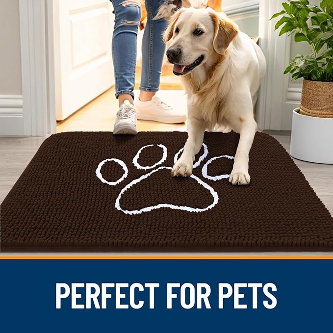 OLANLY Door Mat for Muddy Dog Paws 70x46, Ultra Absorbent Chenille Mud Doormat with Paw Print Design, Non-Slip Washable Doormat for Indoor Entryway, Quick-Dry Pet Bed Mats for Dirty Dogs, Brown