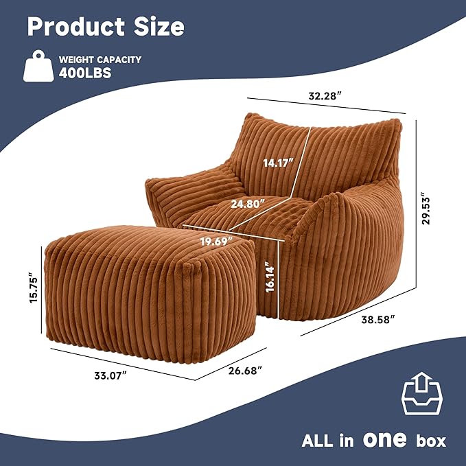 Giant Bean Bag Chairs for Adults, Oversized Chaise Lounge Chair Indoor with Memory Foam - Plush Boneless Lounger & Ottoman for Bedroom, Living Room, Gaming & Reading, Lazy Floor Sofa Chair, Orange