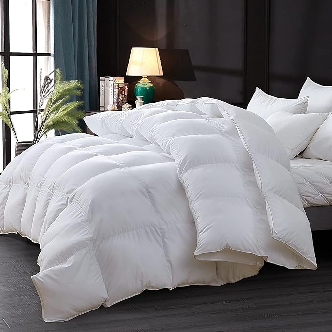 Luxurious Goose Down Feather Fiber Comforter Duvet Insert, Exquisite Solid White Design, Oversize Palatial King White 120 x 98, Premium Baffle Box 100% Egyptian Cotton, 80 oz Fill Weight