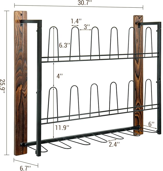 MyGift Premium Black Metal Hanging Wall Shoe Rack for Walk in Closet, Mudroom and Entryway, Wall Mounted Space Saving Boot and Shoe Rack Organizer, Holds 9 Pairs (Solid Wood, 9 Pairs)