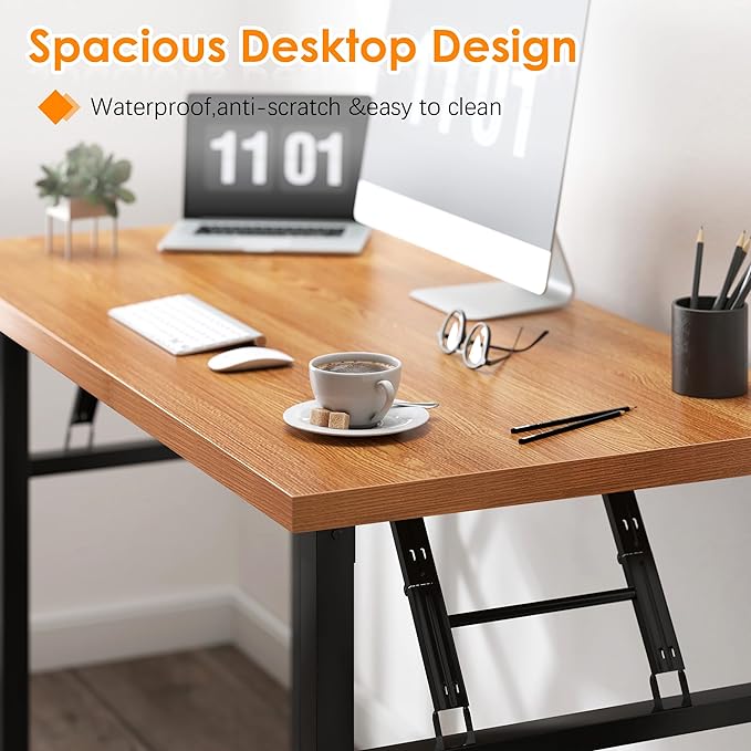 SDHYL 39 inchesNo Assembly Foldable Computer Desk for Home Office Workstation, Study and Writing, Teak Board and Black Leg