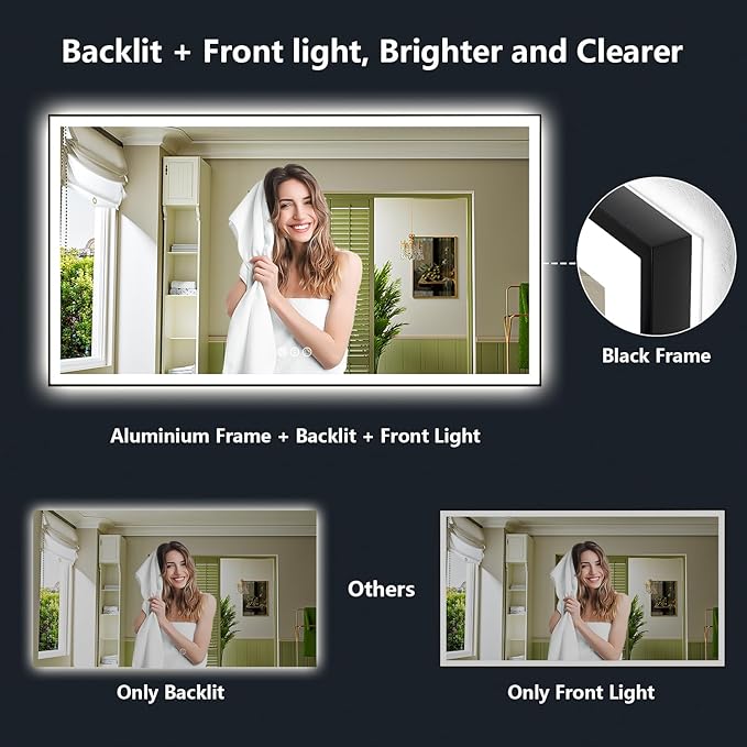 60x36 Inch LED Bathroom Mirror with Lights (Front Lit and Backlit) Black Framed Lighted Vanity Mirror for Bathroom Wall Dimmable Anti-Fog Memory Tempered Glass Horizontal/Vertical