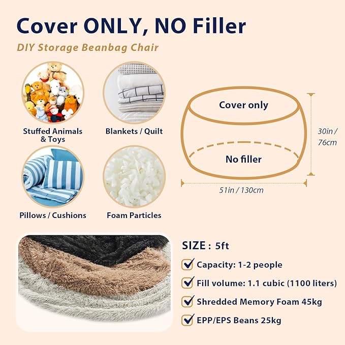 Bean Bag Chair Cover, Waterproof Faux Fur Bean Bag Cover Only(No Filler), 5FT Round Beanbag Cover with Pocket, Big Giant Bean Bags Covers for Adults Kids Teens, Stuffed Animal Storage