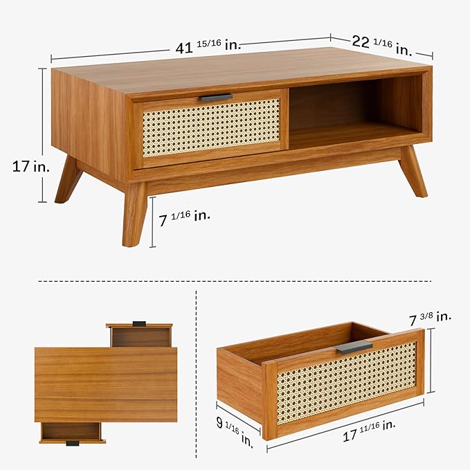 Bme Solid Wood Jasper Coffee Table with Storage, Accent Rattan Design, Good Choice for Living Room, Dark Chocolate