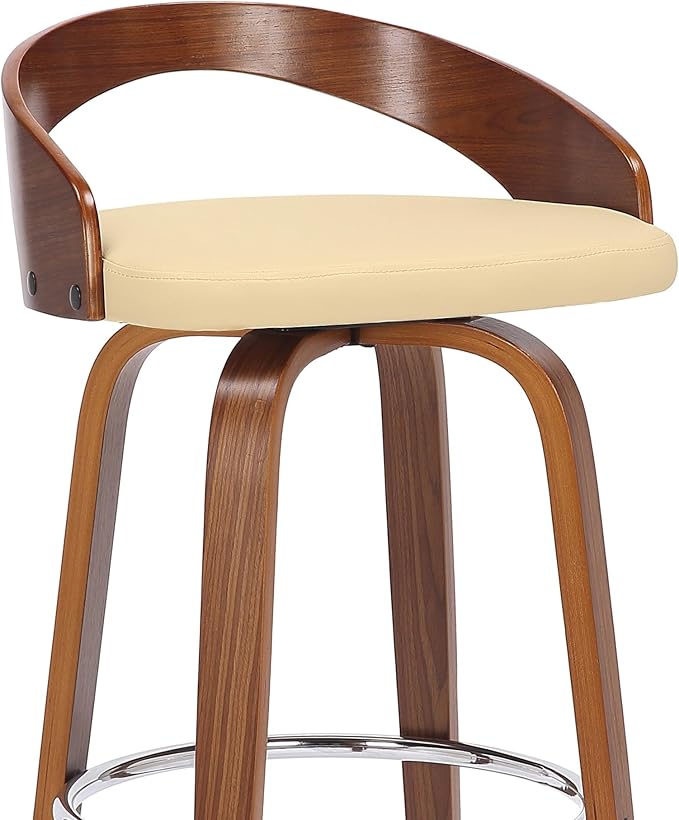 Armen Living Sonia 30" Bar Height Swivel Cream Faux Leather and Walnut Wood Bar Stool
