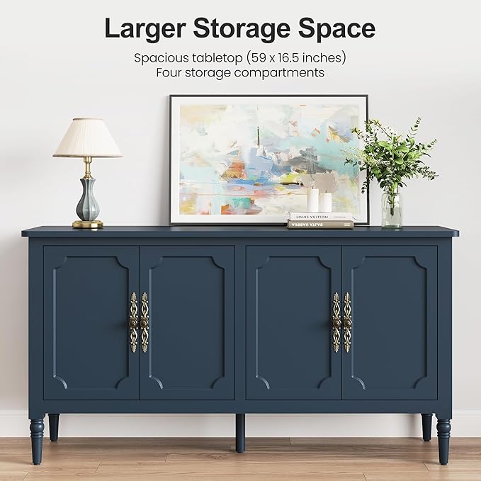Console Cabinet, 58'' Mid Century Modern Pantry Cabinet, Wood Buffet Cabinet, Media Cabinet with 4 Doors, Accent Cabinet for Entryway, Living Room, Dining Room (Blue)