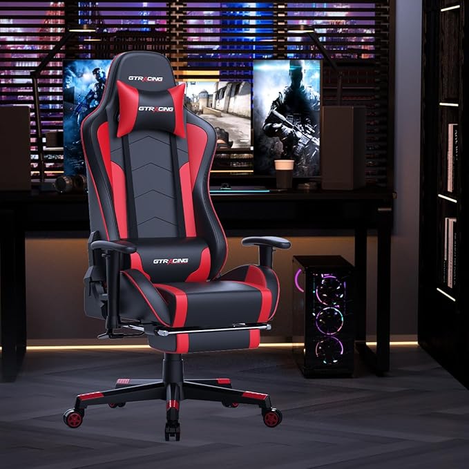GTRACING Gaming Chair with Footrest Speakers Video Game Chair Bluetooth Music Heavy Duty Ergonomic Computer Office Desk Chair Red