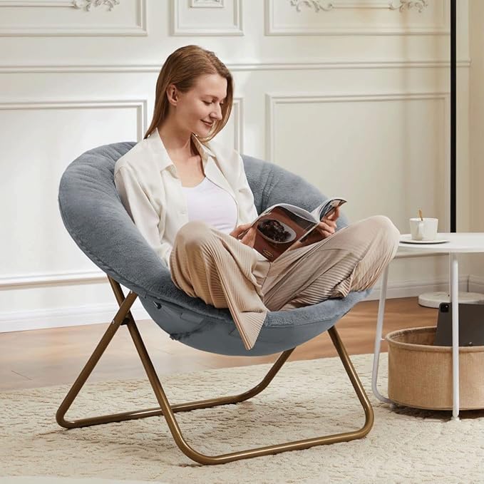 Comfortable Cozy Faux Fur Disc Chair Foldable Feature for Bedroom, Living Room and Dorm, Adult-Sized Relaxation, Grey