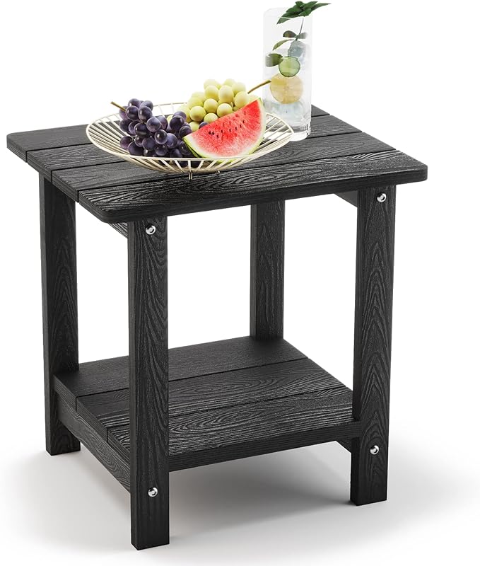 LUE BONA Adirondack Outdoor Side Table, 2-Tier Black HDPS Patio End Table Weather Resistant, Morden Side Table for Patio, Pool, Porch