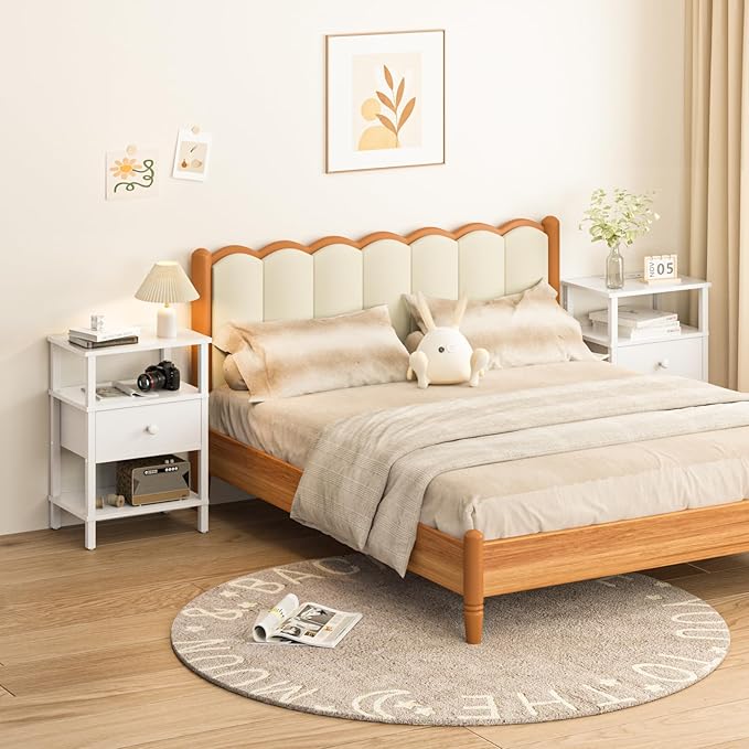 Lerliuo Nightstand with Charging Station and USB Ports, 3-Tier Storage End Table with Drawer Shelf, Night Stand for Small Spaces, Wood Bedside Table for Living Room, Bedroom - Elegant White