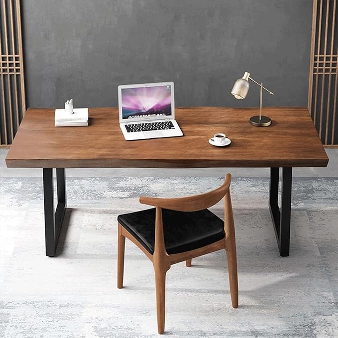 Modern Minimalist Solid Wood Office Desk with Metal Base Easy to Assemble Durable Writing Table Dining Table Computer Desk Multiple Ideal for Living Room and Dining Room (47inch)
