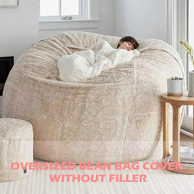 BCU Oversized Bean Bag Cover Comfy Beanbag Chair for Adults Without Filler Faux Fur Lazy Sofa Cover for Living Room Chairs, Dark Grey, 5FT
