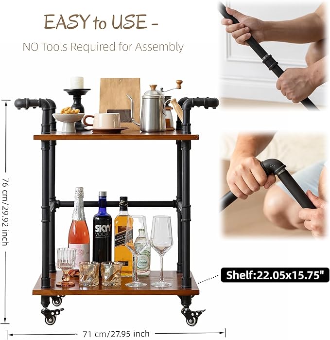 Industrial Pipe Bar Carts/Serving Carts/Kitchen Carts/Wine Rack Carts on Wheels with Shelves - Wood Rolling Carts - Wine Tea Liquor Shelves/Holder - Home Furniture (Two tiers pipe wood bar cart)
