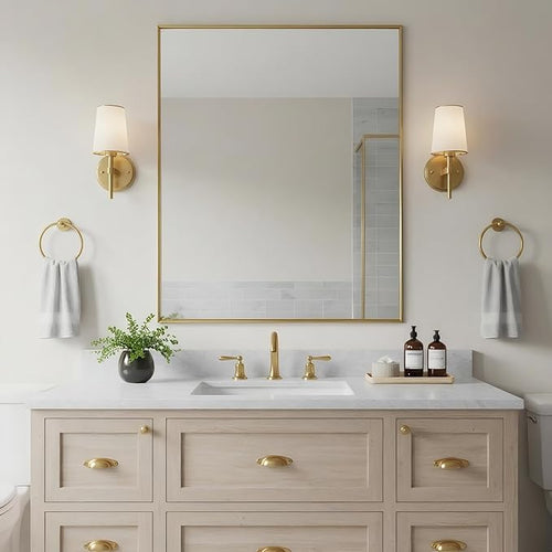24x30 Inch Brass Bathroom Mirror for Wall, Aluminum Frame Rectangle Rectangular Vanity Mirror, Modern Large for Bedroom, Living Room, Horizontal or Vertical