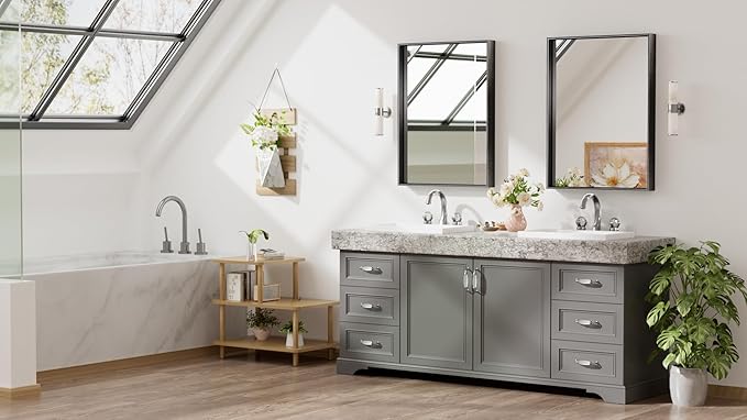 Keonjinn Black Mirror for Wall 24 x 32 Inch Rectangle Bathroom Vanity Mirror for Over Sink Metal Framed Farmhouse Mirror Square Corner Brushed Rectangular Mirror for Bathroom Sink(Horizontal/Vertical)