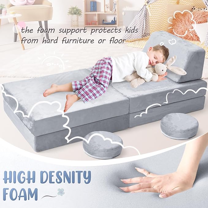 10Pcs Kids Play Couch,Toddler Sofa,Modular Kids Couch for Playing, Creativing, Sleeping (Grey)