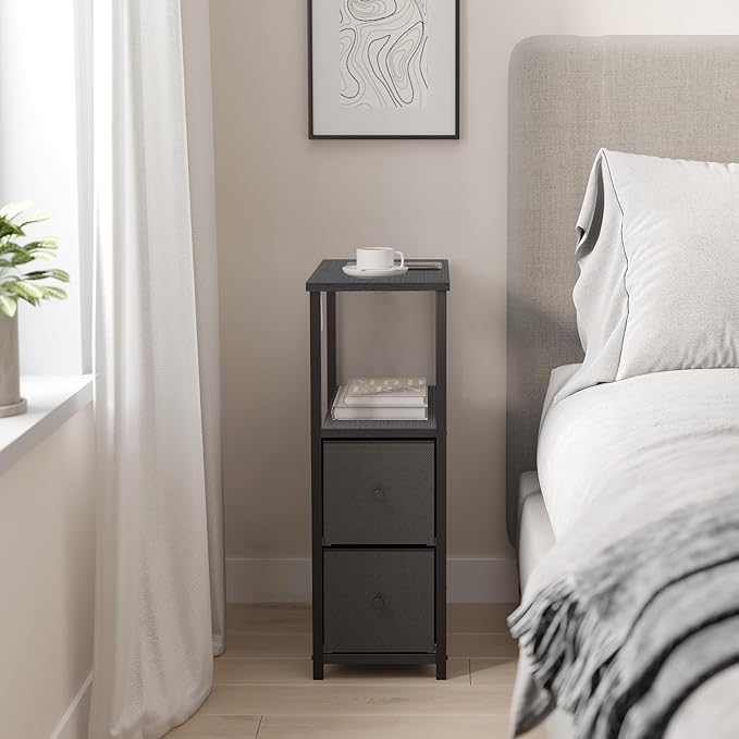 TUTOTAK Small Narrow End Table, Set of 2, Side Table, Nightstand with 2 Cloth Drawers, Couch Table, for Living Room, Bedroom, Bedside, Black TB01BK054