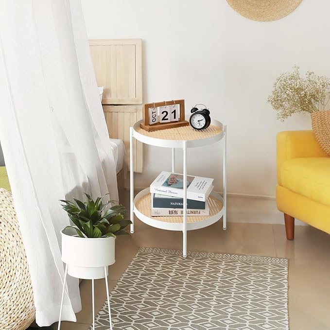 TeoKJ All Metal Side Table, 2 Tier Anti Rust End Table with Imitation Rattan Pattern on Removable Trays, Round Table for Living Room, Small Nightstand for Bedroom 20.47 Inch x 16.54 Inch Pearl White