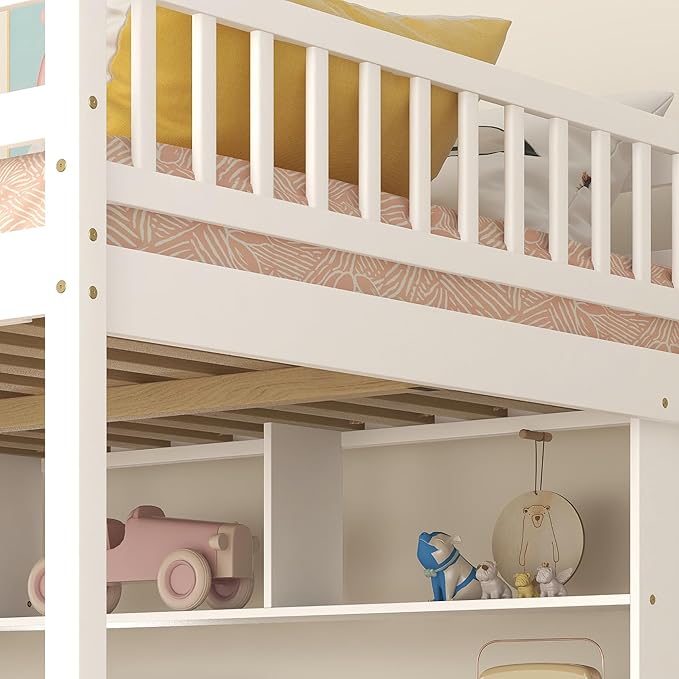 HomSof Full Size Loft Bed with Built-in Desk, Bookshelves and Storage Staircase,White