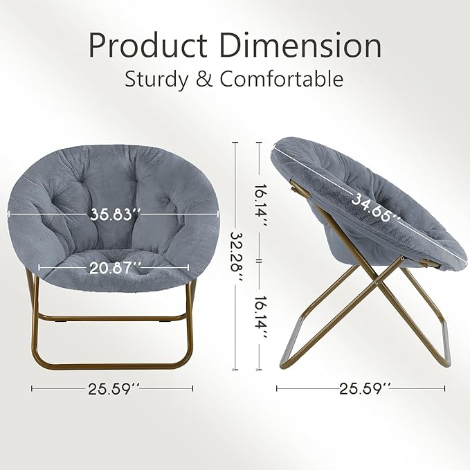 Saucer Chair Faux Fur with Soft and Thick Padded Seat Metal Frame, Modern Style Folding Cozy Chair for Bedroom, Living Room,XL, Grey