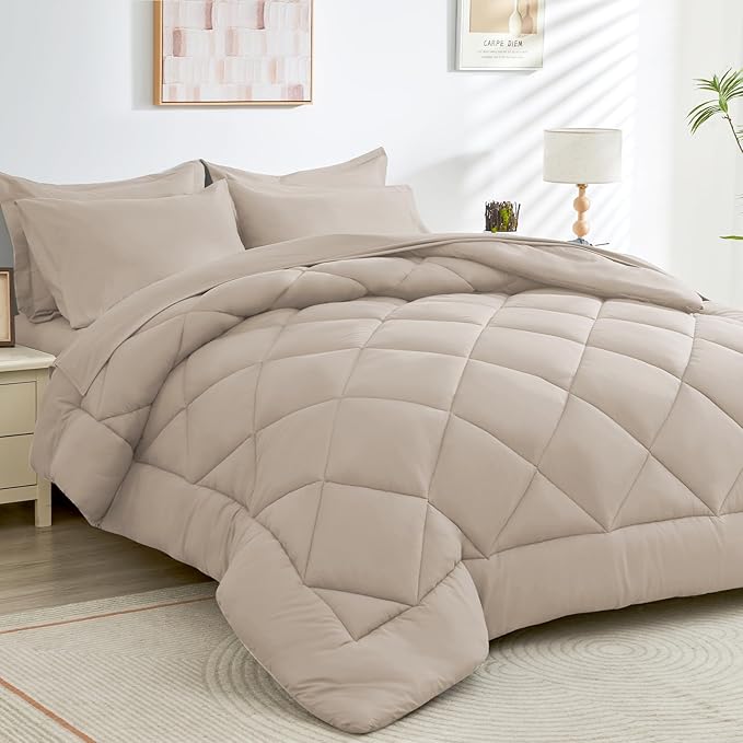 HEVUMYI Khaki Twin Comforter Set - 5-Piece All Season Bed in a Bag Twin, Ultra Soft Bedding Set with Comforter, Flat Sheet, Fitted Sheet, Pillowcases, Pillow Shams