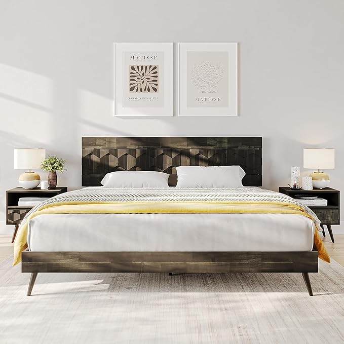 Bme Georgina King Size Bed Frame and Headboard, Signature Handcrafted Geometric, US Patent Pending Design, Solid Wood, No Box Spring Needed, 12 Strong Wood Slats Support, Easy Assembly, Mocha