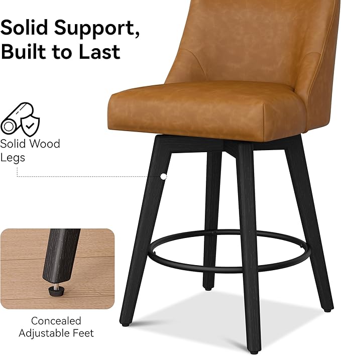 Counter Height Bar Stools Set of 3, Modern Swivel Barstools with Back and Wood Legs, Faux Leather Upholstered Bar Chairs, 26" H Kitchen Counter Stools, Kitchen Island Home Bar, Whisky Brown