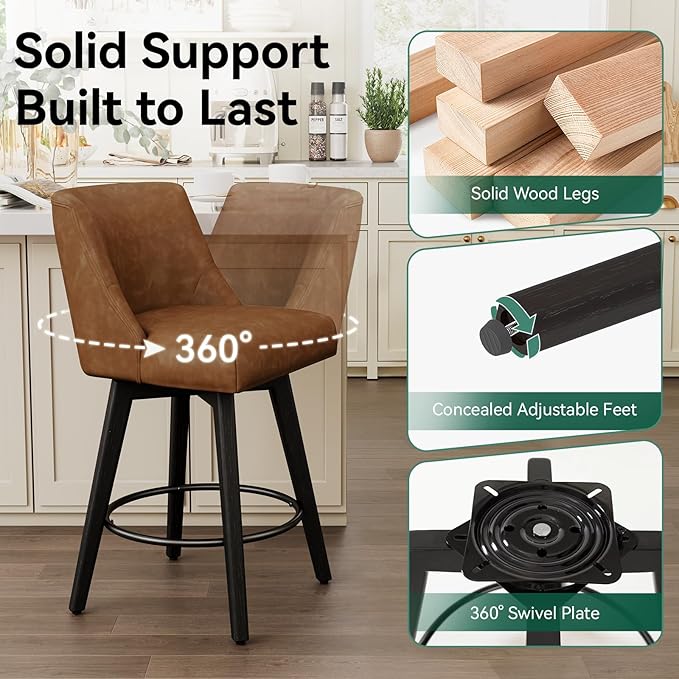 Vipbear Swivel Counter Height Bar Stools Set of 3,26.8" H Counter Stools with Back, Mid Century Modern Bar Stools for Kitchen Island,Faux Leather,Wooden Base, Brown