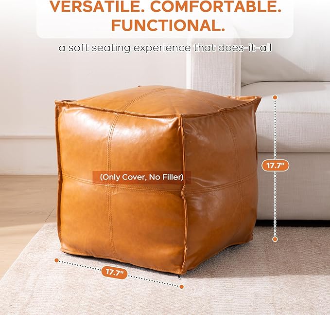 Pouf Ottoman Cover (Only Cover, No Filler), 17.7" Square Unstuffed Pouf Cover, Faux PU Leather Moroccan Poofy Ottoman Footstool, Brown No Filler Footrest, Floor Chair Gifts Foot Rest for Living Room