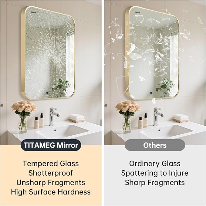 30x36 Inch Bathroom Mirror for Wall,Gold Framed Rectangle Mirror with Rounded Corner,Aluminum Alloy Framed Brushed Wall Mirror for Bedroom or Living Room,Vertical or Horizontal