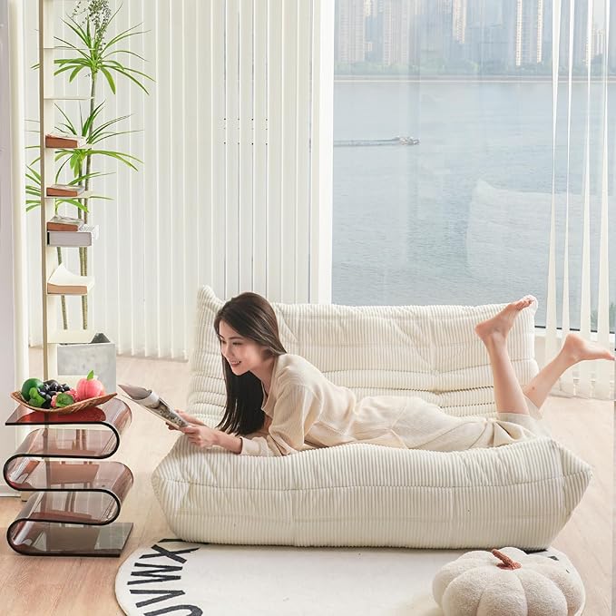 N&V Fireside Loveseat, Mid Century Armless Twin Size Floor Sofa, Soft Premium Corduroy Floor Lounge Chair, Foam Sofa Accent Chair for Living Room Bedroom and Office (Beige)