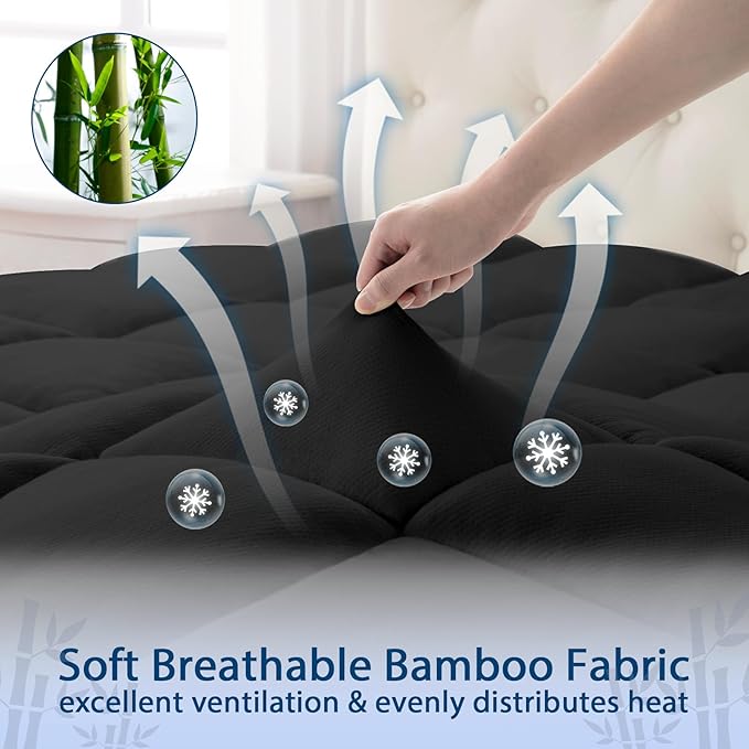 ELEMUSE Queen Black Cooling Bamboo Viscose Mattress Topper for Back Pain, Extra Thick Mattress Pad Cover, Plush Soft Pillowtop with Elastic Deep Pocket, Overfilled Down Alternative Filling