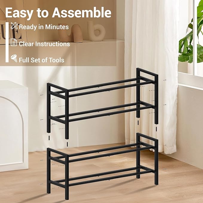 Haddockway Bamboo Shoe Rack for Closet, Free Standing Shoe Organizer with Smooth Round Rods & Convenient Handles, Stackable Shoe Storage Shelf for Entryway, Hallway(Black, 4-Tier)