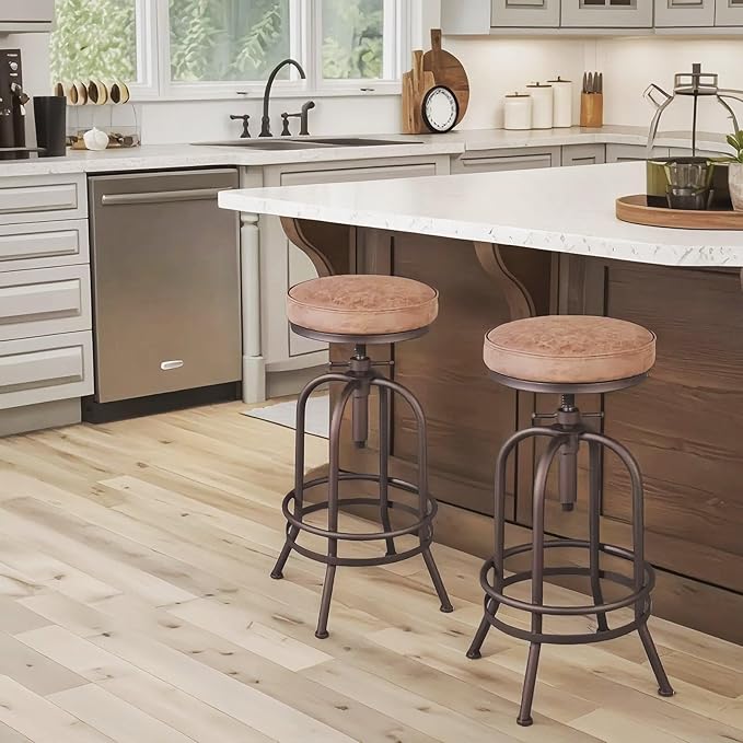 Diwhy Industrial Bar Stool-26-32 Inch Adjustable Swivel Metal PU Leather Seat Stool Bar Height Bar Stool with Footrest-for Kitchen, Dining Side Chair, Pub, Bistro, Set of 2, Copper