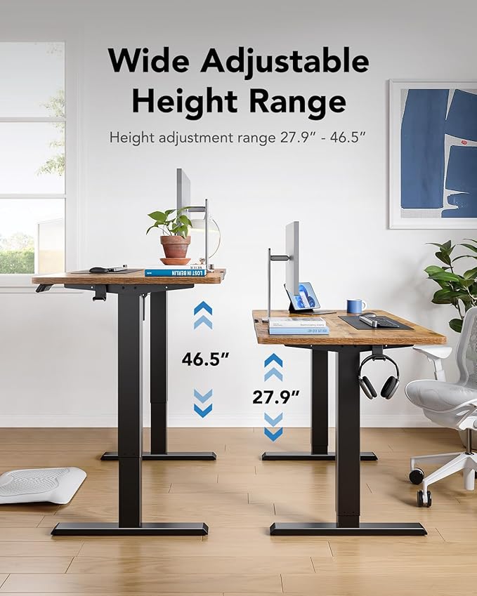 HUANUO 55" x 24" Electric Standing Desk Adjustable Height, 4 Memory Height Settings, Headphone Hook, Cable Manager, Sit Stand Up Desk for Home Office & Computer Workstation, Vintage Brown