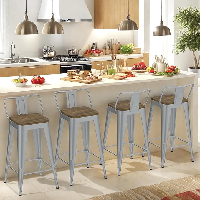 Silver Bar Stools Set of 4, Metal Bar Stools with Wooden Seat, Modern 24”Counter Height Barstools with Low Back