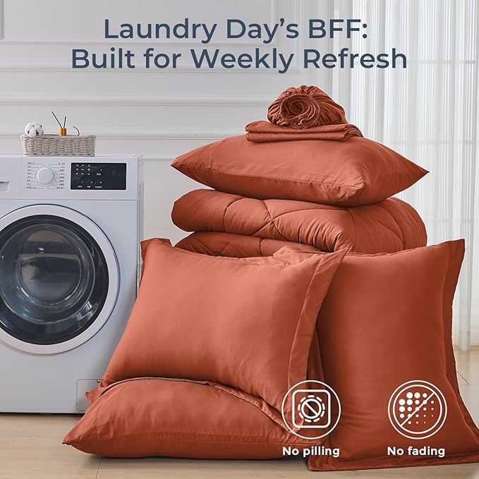 HEVUMYI Burnt Orange Cali-King Comforter Set - 7-Piece All Season Bed in a Bag Cali-King, Ultra Soft Bedding Set with Comforter, Flat Sheet, Fitted Sheet, Pillowcases, Pillow Shams