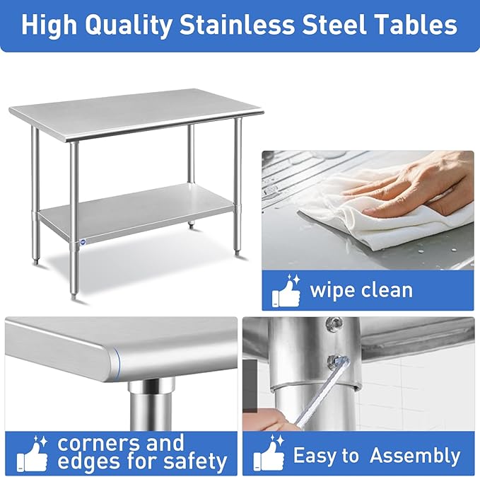ROCKPOINT Stainless Steel Table for Prep & Work 18x48 Inches, NSF Metal Commercial Kitchen Heavy Duty Table with Adjustable Under Shelf and Table Foot for Restaurant, Home and Hotel