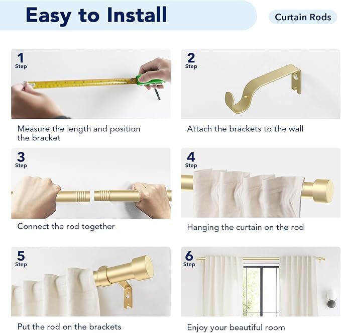 2 Pack Curtain Rods for Windows 28 to 48 Inch(2.3-4ft), 1 Inch Gold Curtain Rods Set, Adjustable Heavy Duty Curtain Rod for Patio Bedroom Living Room, Modern Drapery Rods, Size 32"- 60"